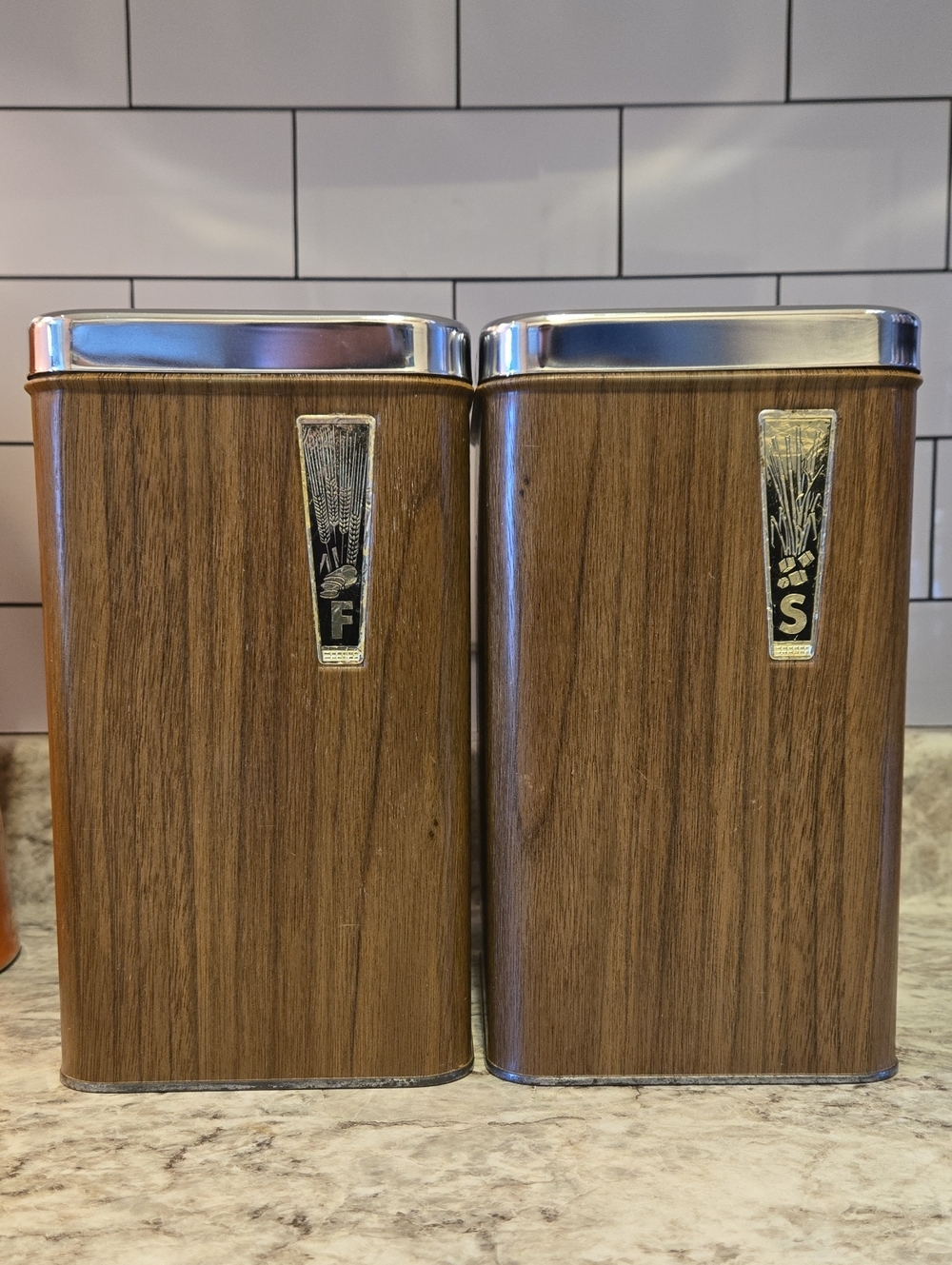 Eatons Vintage Tin Woodgrain Flour & Sugar Canisters Mid Century Modern MCM 70s